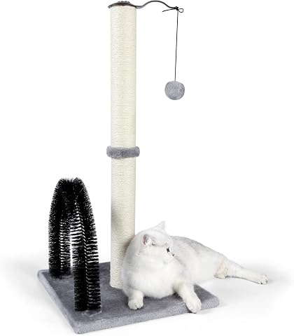 ANWA 32" Tall Cat Scratching Post with Arch Groomer, Natural Sisal, Gray
