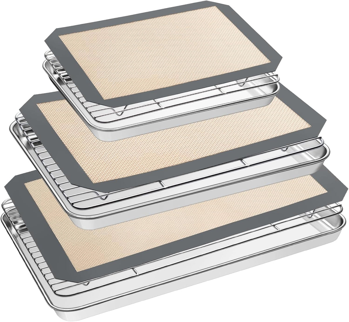 Baking Sheet Tray Cooling Rack with Silicone Baking Mat Set, Stainless Steel Cookie Pan for Oven, Set of 9 (3 Sheets + 3 Racks + 3 Mats), Warp Resistant & Heavy Duty & Easy Clean, Red