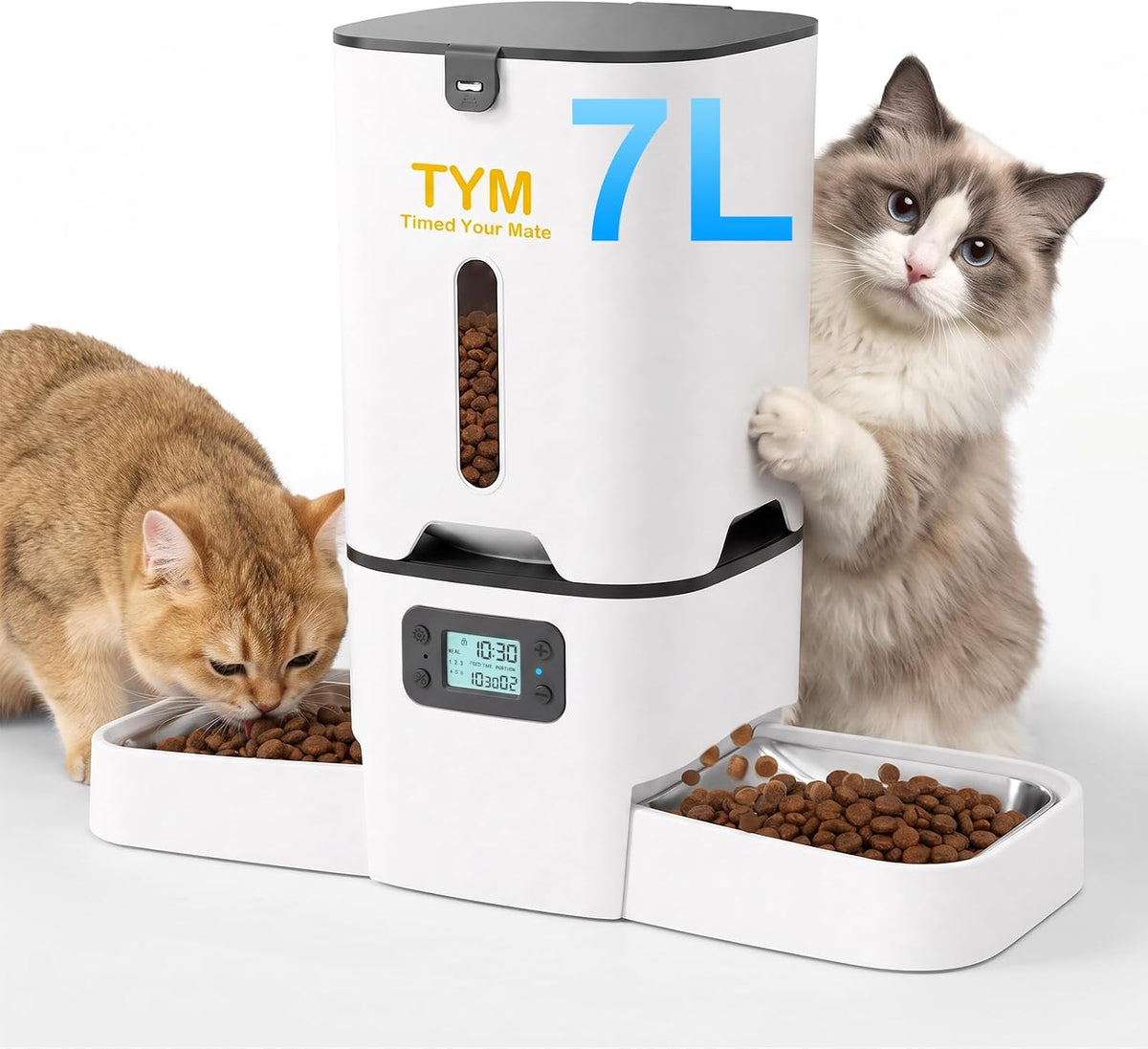TYM Automatic Cat Feeder 2 Cats,7L Timed Cat Food Dispenser with Dual Bowls
