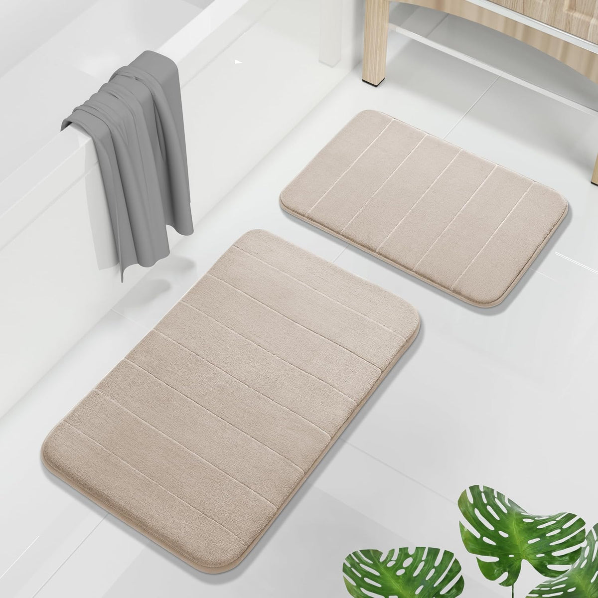 Yimobra Memory Foam Bathroom Rugs Sets 2 Piece - Super Soft Absorbent Quick Dry Bath Mat Set, Machine Washable Non Slip Floor Carpet for Tub Shower & Single Sink (17X24 & 31.5X20 Inch, Gray)