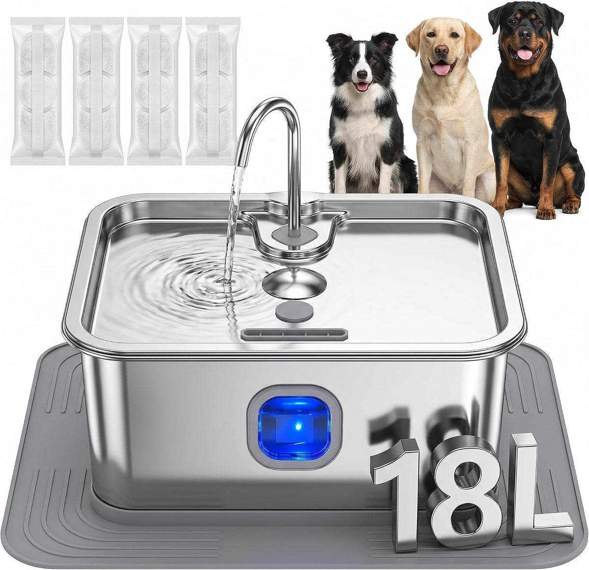 18L/4.76Gal Large Dog Water Fountain, Non-Slip Mat & 4 Filters