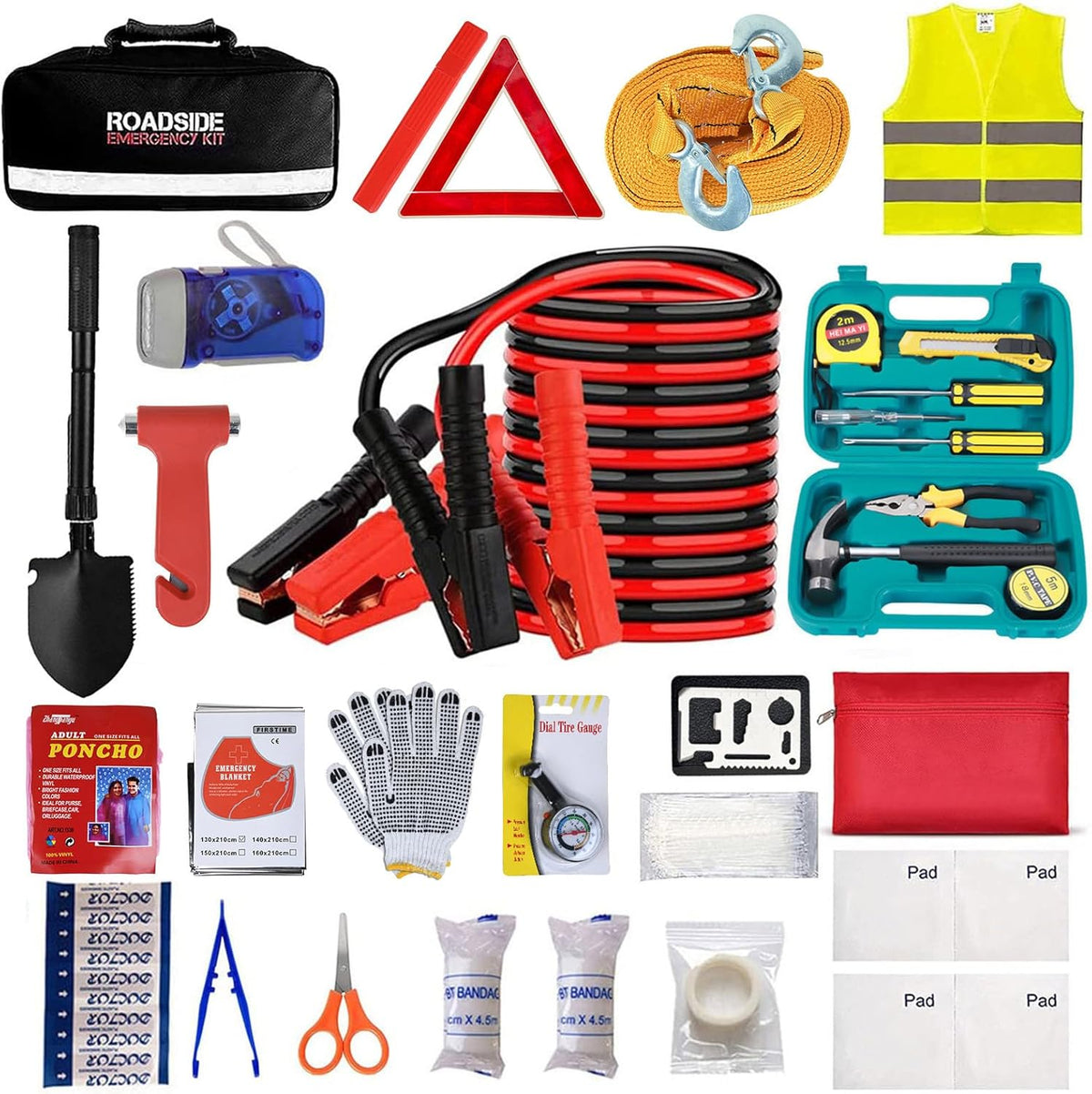 Car Emergency Roadside Tool Kit with Jumper Cable Shovel,Auto Truck Vehicle Assistant Safety Kit Bag for Men Women with First Aid Kit, Winter Basic Automobile Road Side Kit
