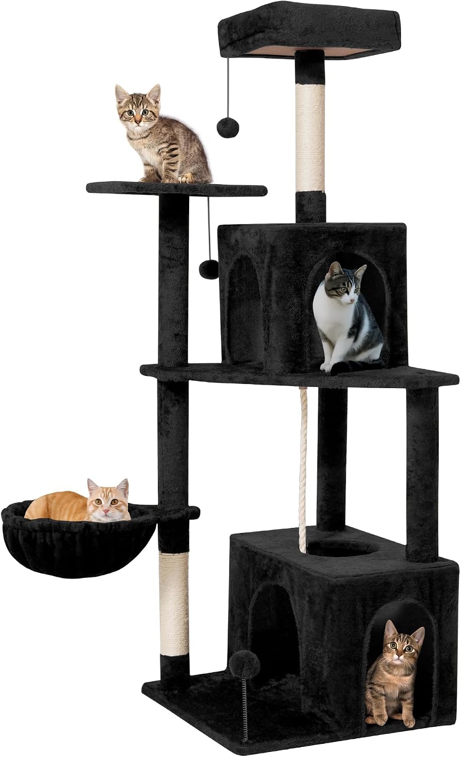 54Inch Large Cat Tree Tower Condo with Hammock for Indoor Cats, Soft Plush Multi-Level Climbing Tree Cat House with Cat Cave, Scratching Post, Sisal Rope, Black