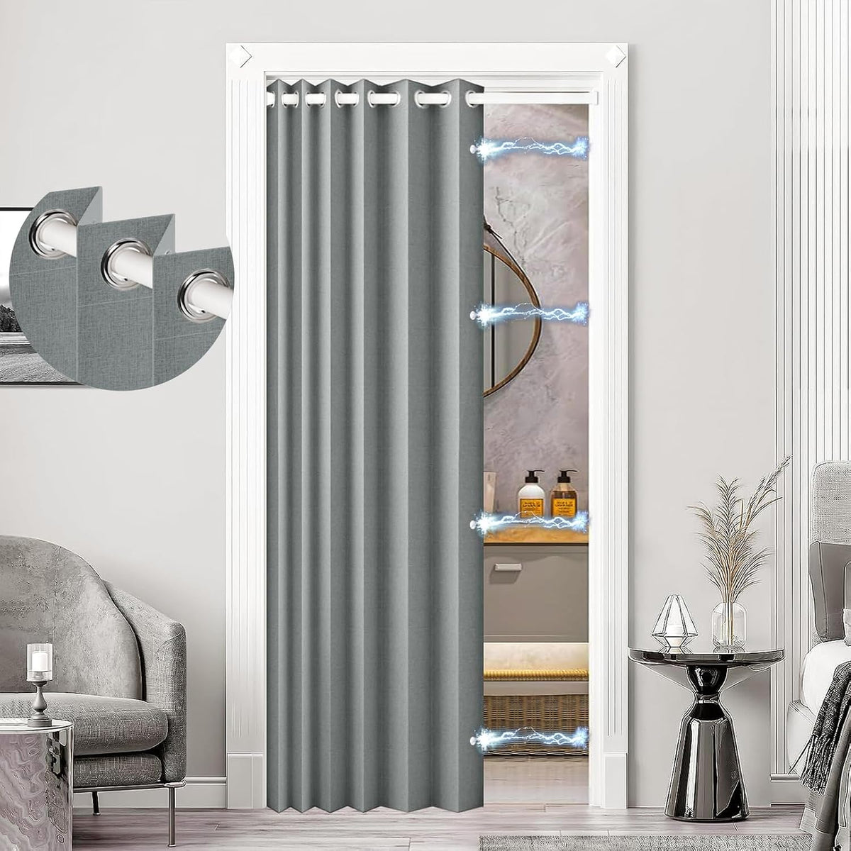 100% Blackout Privacy Door Curtain for Doorway, Magnetic Door Curtain for Closet & Hallway, 1 Panel, W45 X L80, Gray