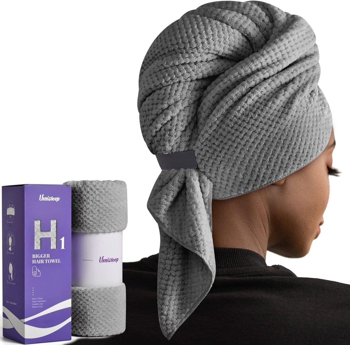 Umisleep Extra Large Microfiber Hair Towel, Ultra Absorbent, Grey