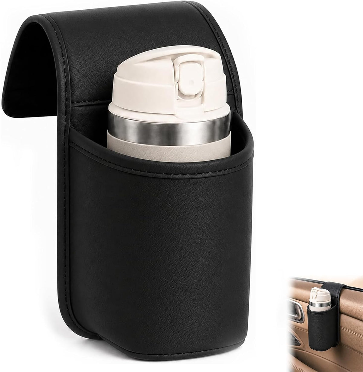 Leather Car Door Cup Holder, Car Window Drink Holder for Bottles, Black