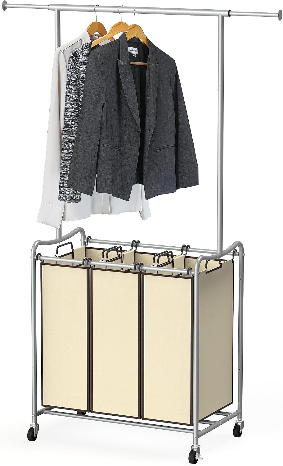 Deco Brothers Heavy Duty 3 Bags Laundry Sorter Cart with Hanging Bar, Beige