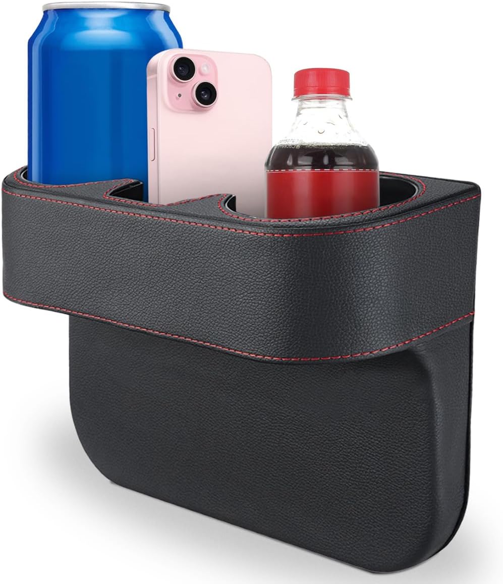 KITUREK Car Cup Holder, PU Leather Cover Auto Front Seat Organizer, Black