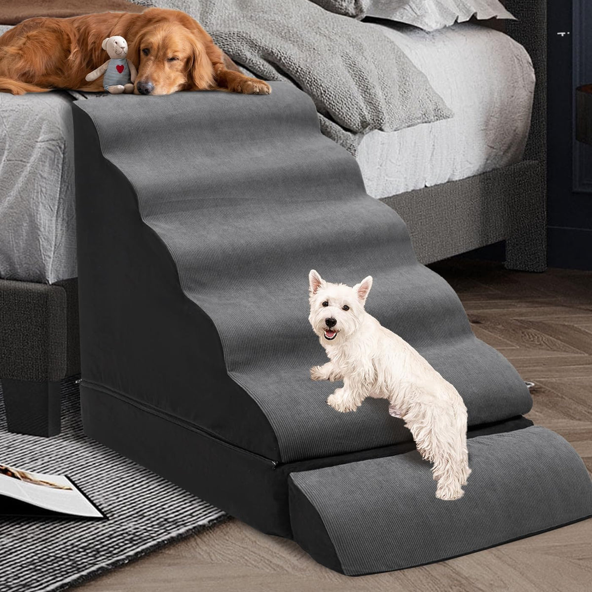 Dog Stairs for High Beds, 6-Step Foam Pet Stairs, 30" Tall, 3-In-1