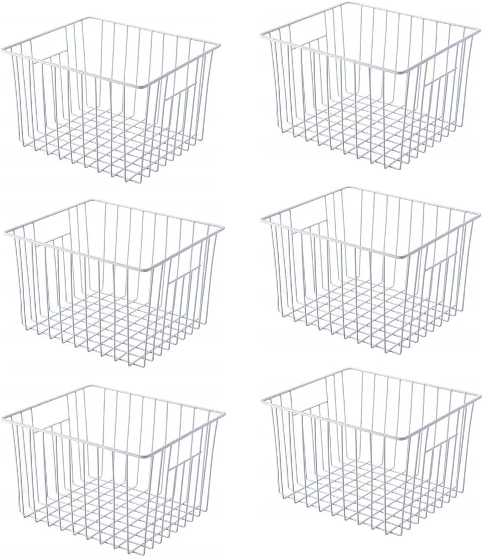 Freezer Basket Organizer, Refrigerator Metal Wire Storage Divider, Household Container Bins with Handles for Kitchen, Pantry, Cabinet, Closets - Pearl White (6, 11In X 10In X 5.5In)