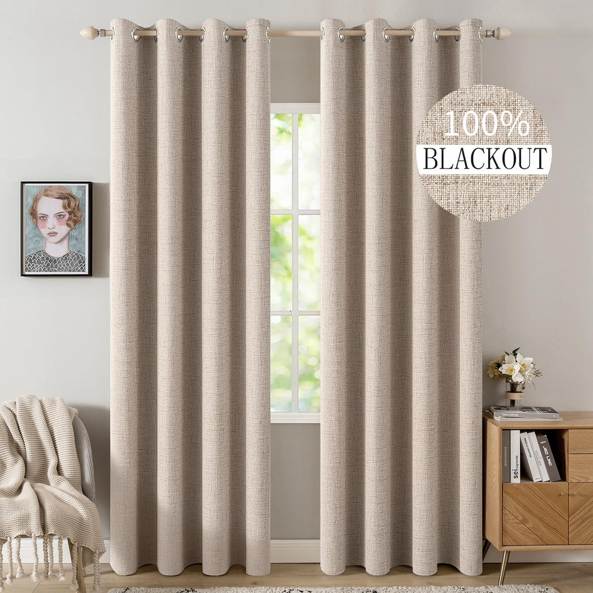 MIULEE 100% Blackout Linen Curtains for Bedroom 52X84 Inches Natural Beige