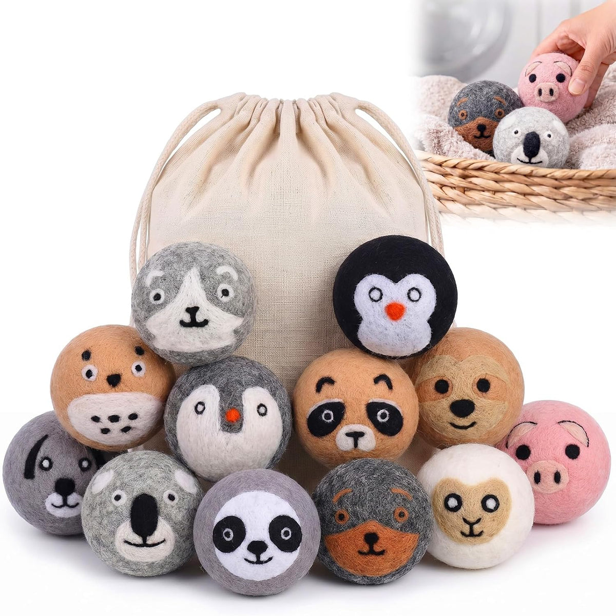 Wool Dryer Balls, XL 6-Pack, Cute Animal Fabric Softener