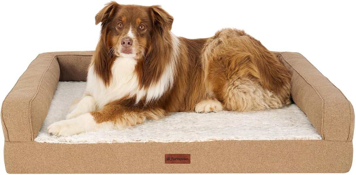 Furhaven Birch Faux Fur & Soft Faux Linen Orthopedic Sofa Pet Bed, Nutmeg, Jumbo