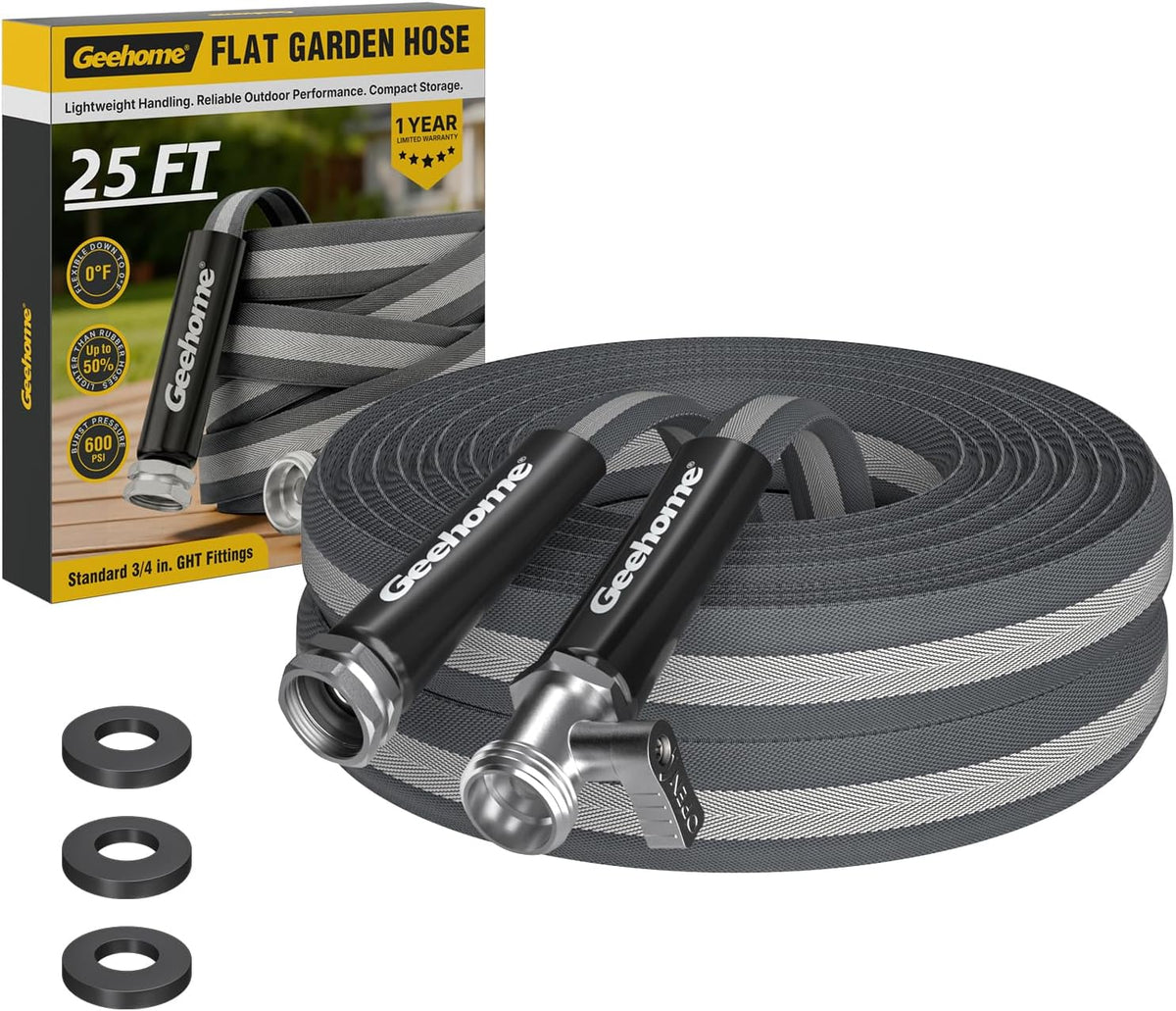 Lightweight Flat Garden Hose 25FT, Flexible Water Hose with Shutoff Valve, TPE Inner Tube, 3/4" Metal Fittings, Practical Dark Finish for Garden, Yard and Outdoor Cleaning