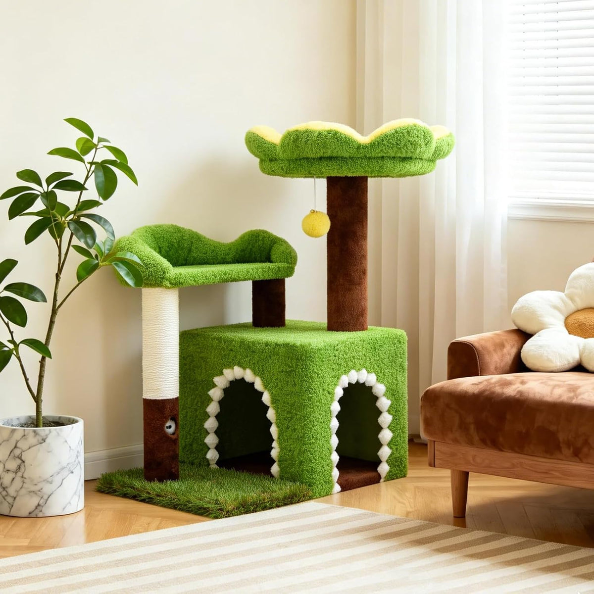 WOOCHPET Sunflower Short Cat Tree with Cat Scratching Posts Small Cat Tower