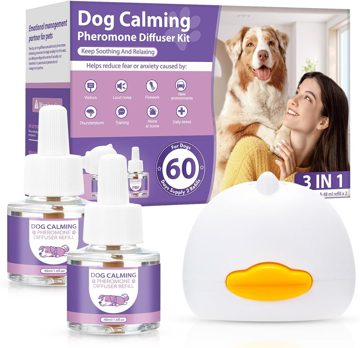 Dog Pheromones Calming Diffuser 3 in 1 Advanced Kit Appeasing Pheromone Diffuser to Calm Pet (1 Plug In+2X48Ml Refill) for Anxiety Relieve Relief Reduce Aggression Fighting Stress (Tasteless)