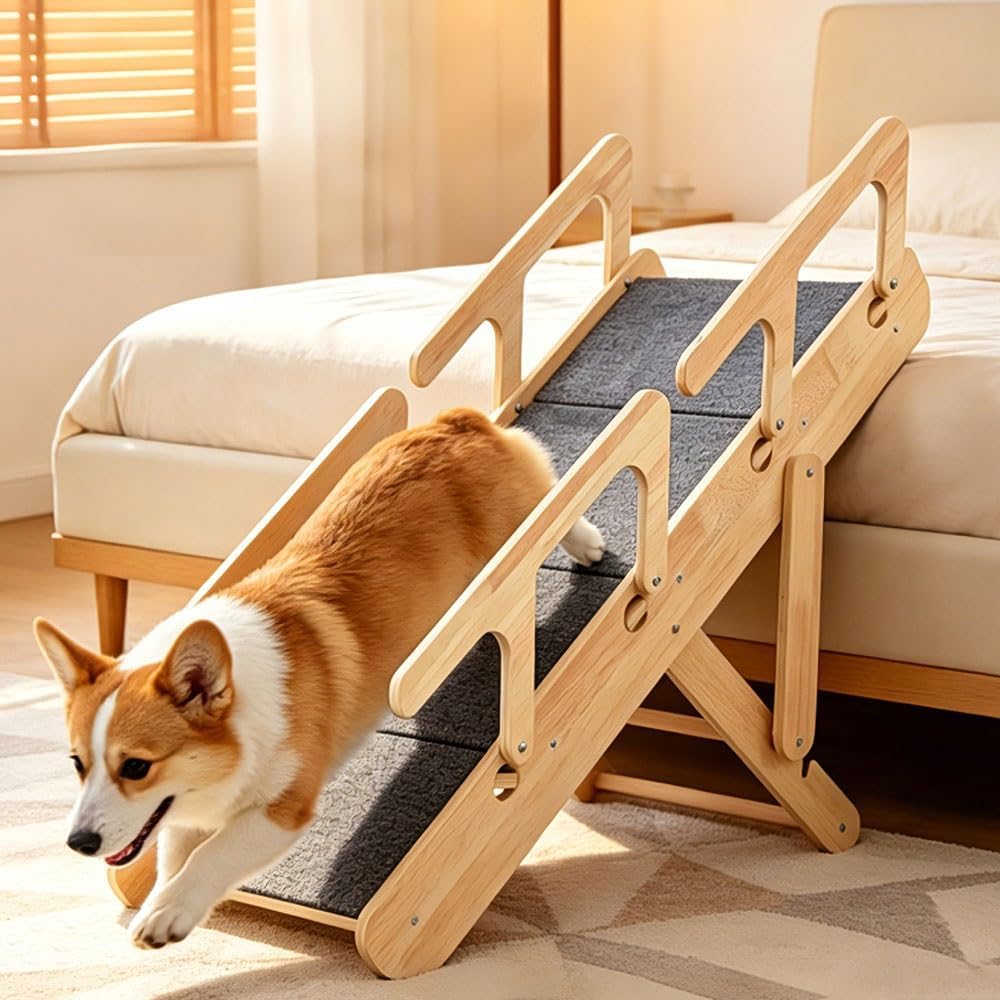 Adjustable Dog Ramp for Bed, Foldable Pet Stairs, Wooden 2-In-1 Pet Ramp with Non-Slip Carpet & Safety Side Rails, Convertible Dog Steps for Small, Medium & Senior Dogs, under Bed Storage