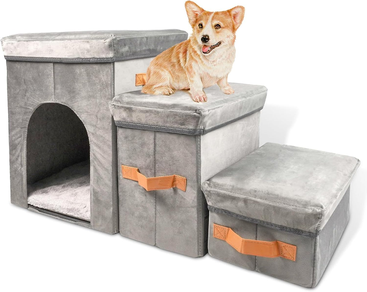 Dayard Dog Stairs with Storage, Foldable Dog Steps for Sofa High Beds, Portable Pet Storage Stepper for Small Pets Dogs Cats, 3 Steps Grey