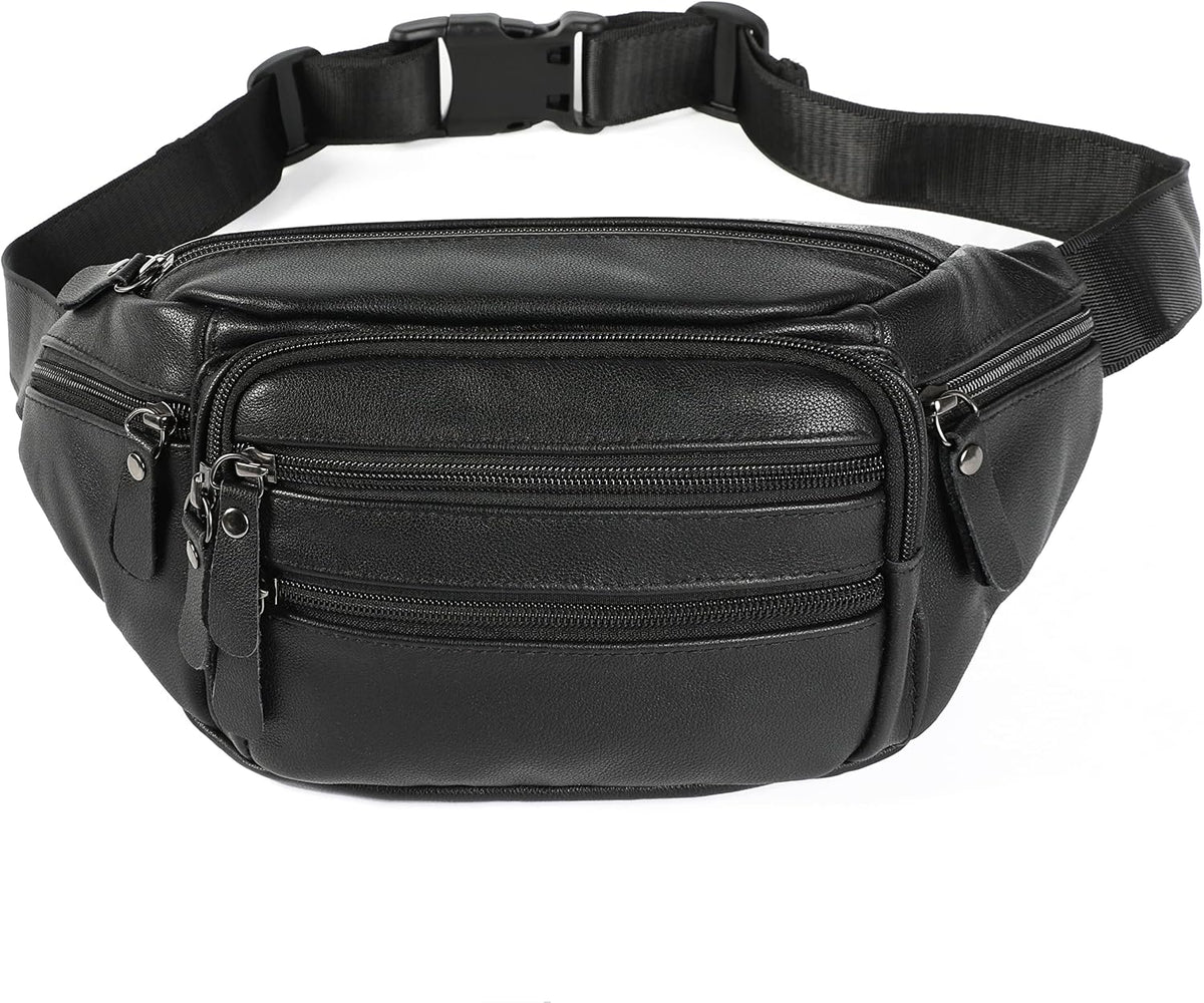 Black Leather Fanny Pack for Men & Women, Fashionable Multi-Pockets Waist Belt Bag for Travel Sports Hiking Cycling Fishing Running