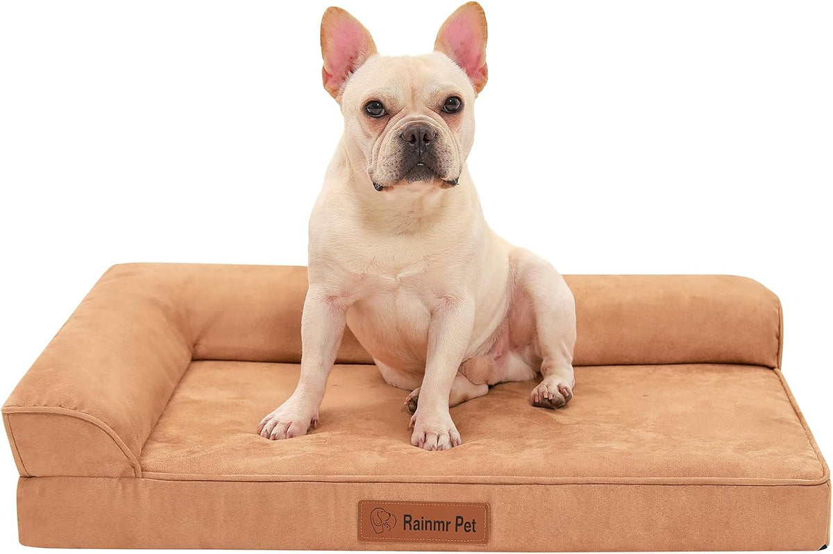 Rainmr Microsuede Dog Bed Orthopedic Washable - Small Medium Xlarge Dogs - Memory Foam Couch Sofa with Waterproof Removable Cover, 30X20 Inches, Khaki