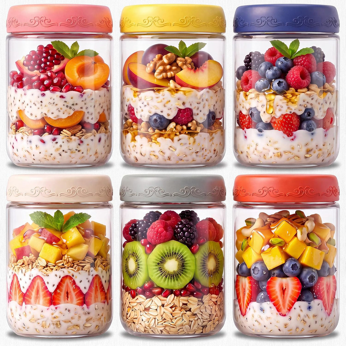 6-Pack 16 Oz Overnight Oats Containers with Lids