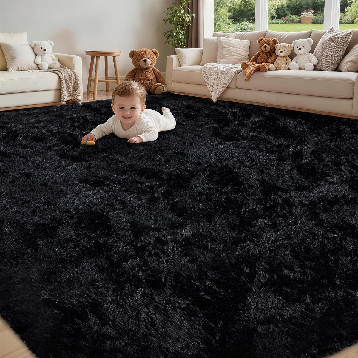 8X10 Area Rug for Living Room,Black Fluffy Shag Non-Slip Bedroom Rugs