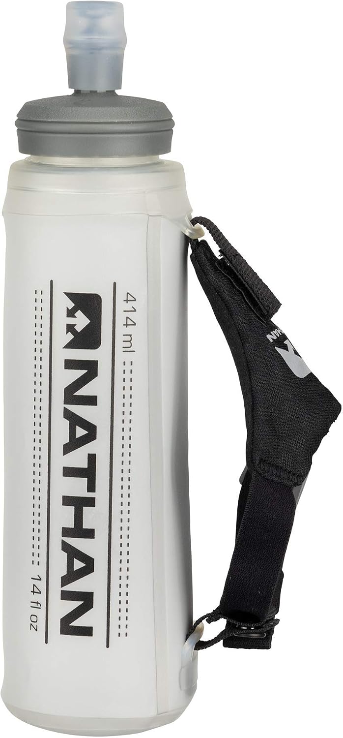 Nathan Exodraw & Exoshot 2.0 Flask, Handheld Water Bottle for Marathons, Hiking, Ultra Running and Outdoor Activity, Reflective Silver, 14 Ounces