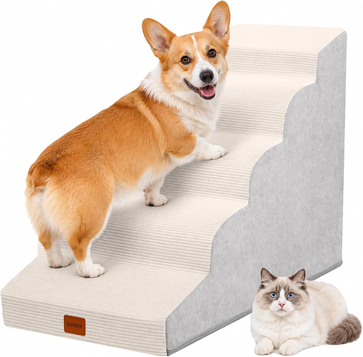 Dog Stairs for Large Dog, 22.6" H, 5-Step Pet Steps for High Bed Couch Sofa and Chair, Non-Slip Pet Ramp for Injured & Senior Pets with Washable Cover and Durable High Density Foam,Beige