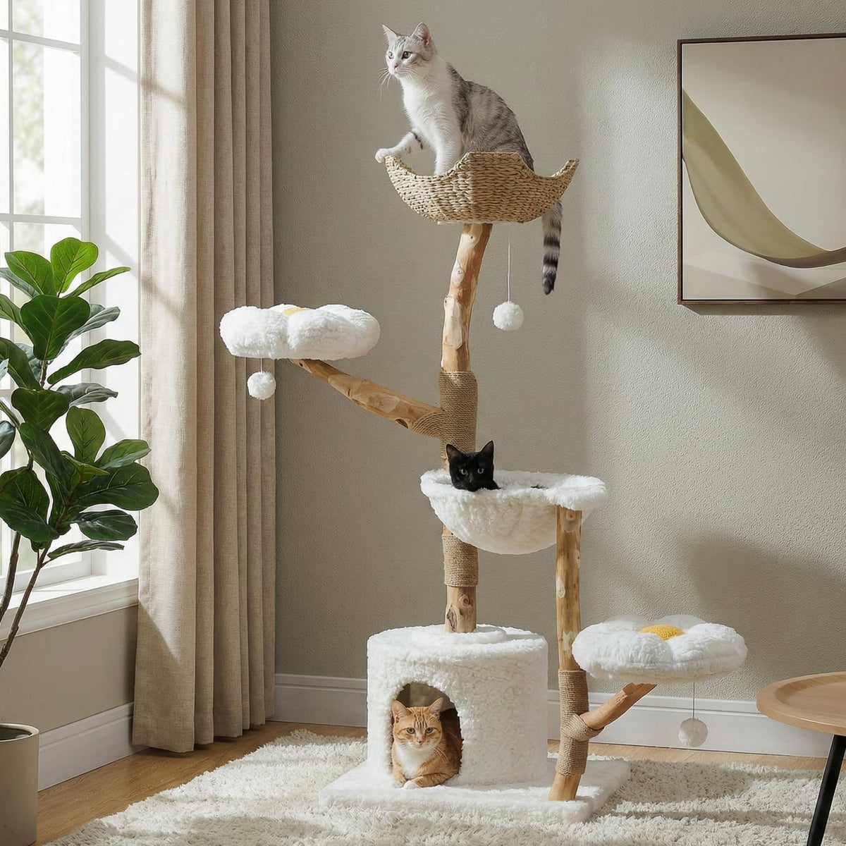 MUTTROS 59" Modern Wood Cat Tree for Large Cats, Boho Style, Cloud White