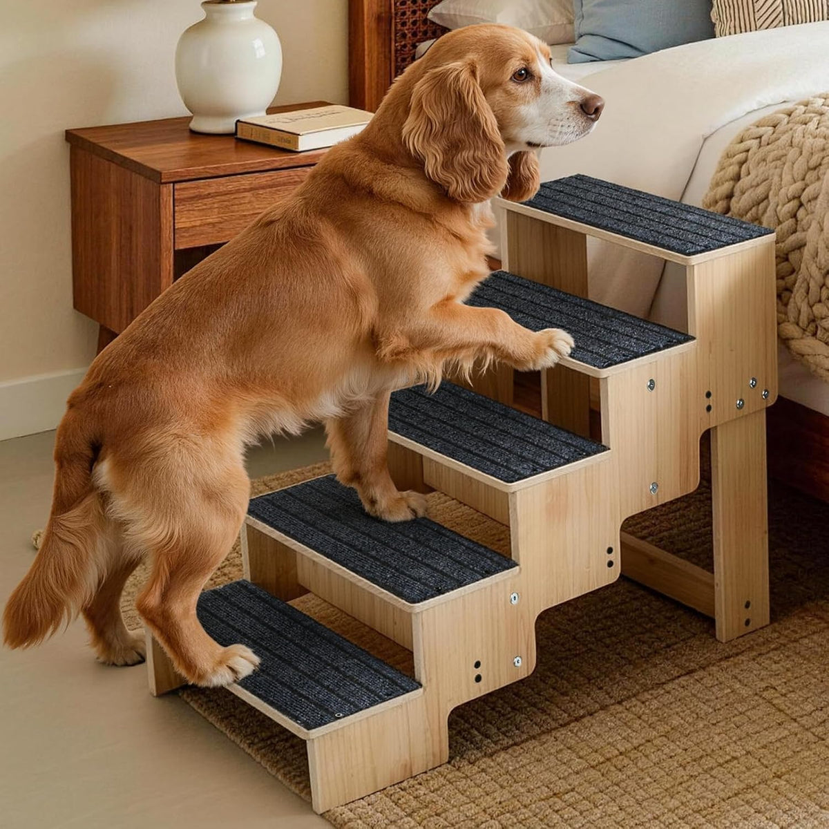 5-Step Wooden Dog Steps for Bed, Anti-Slip Dog Stairs with Carpet Pads, 23.6 Inches Pet Ramp for Dogs to Get on Bed, Pet Stairs for Old & Senior Dogs/Cats, Pet Steps Ladder for High Beds/Couch Sofa