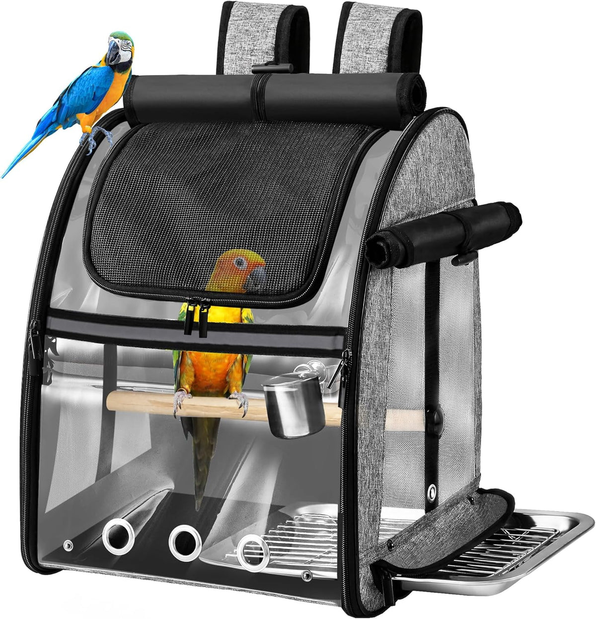 Bird Carrier Bag with Indestructible Stainless Steel Mesh, Bird Travel Cage with Stand, Easy to Clean Backpack for Parrot, Portable Bird Travel Bag, Grey