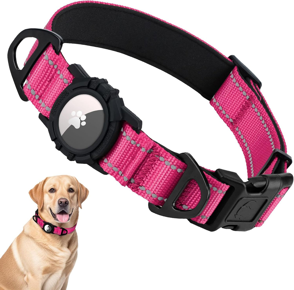 Taglory Airtag Dog Collar with Waterproof Holder for Large Dogs, Hot Pink L