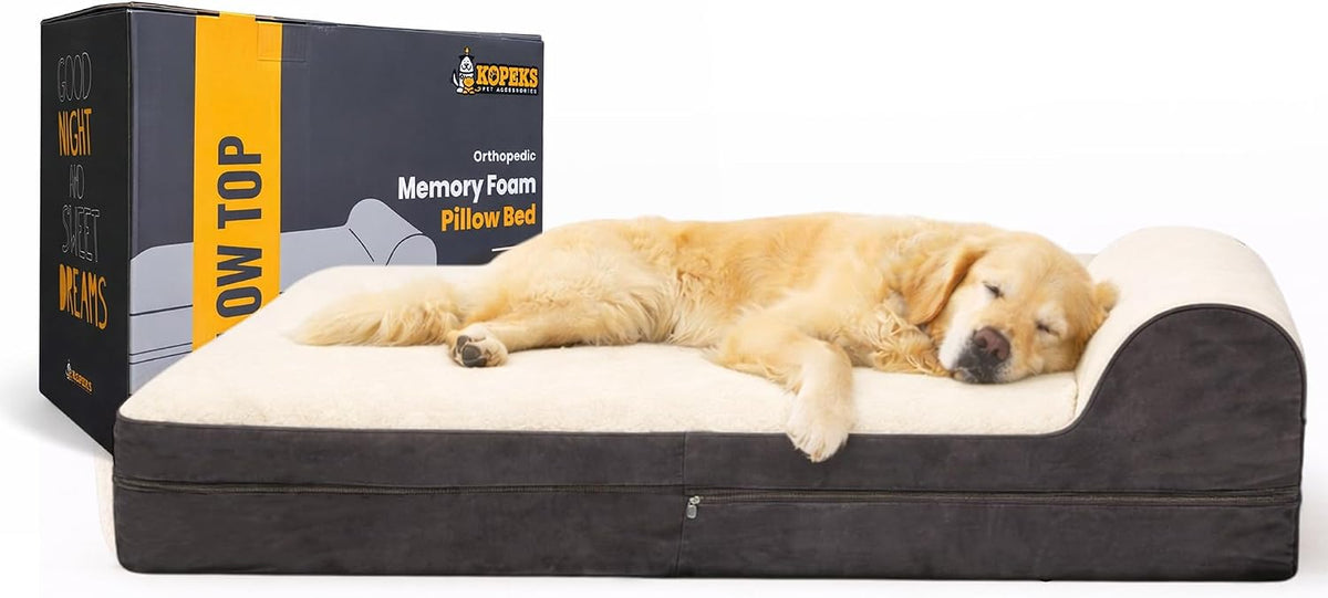 KOPEKS Jumbo Orthopedic Dog Bed - 7-Inch Thick Memory Foam Pet Bed with Pillow with Removable Cover & Free Waterproof Liner - for Large Breed Dogs, XL, Brown-Plush Top