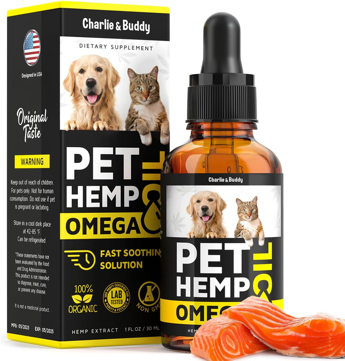 Hemp & Salmon Oil for Dogs, Cats - Pet Skin & Coat Allergy Relief Drops