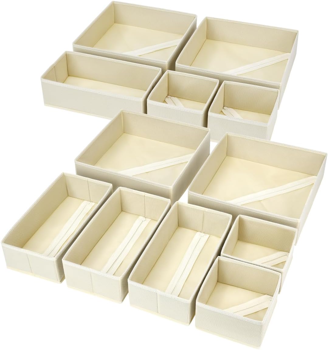 DIMJ Drawer Organizer Clothes, 12 Pack Dresser Organizer for Nursery, Baby Clothes, Underwears, Sock, Fabric Dresser Bins, Drawer Dividers, Foldable Closet Organizers and Storage(Beige)