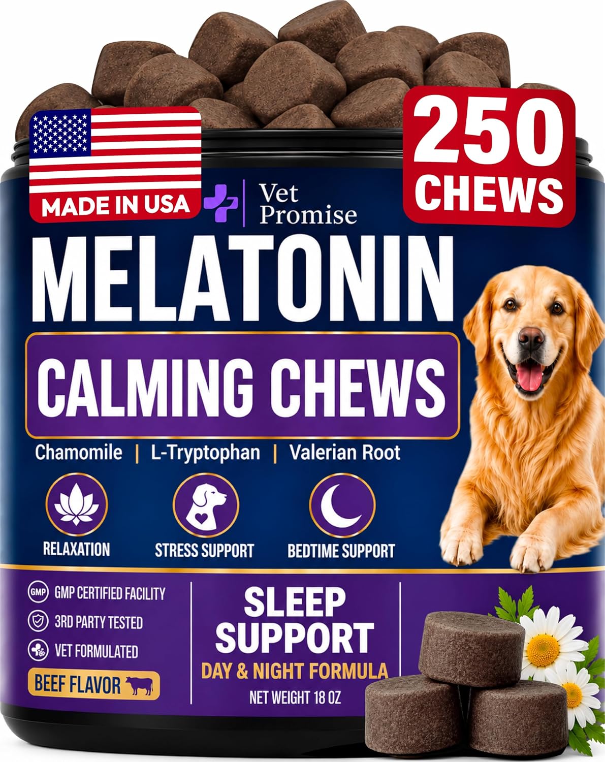 Melatonin for Dogs - 250 Chews - Dog Melatonin Chews for Large & Small Dogs
