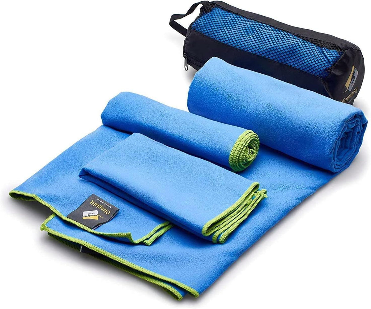 Olimpiafit Quick Dry Towel - 3 Size Pack of Lightweight Microfiber Travel Towels W/Bag - Fast Drying Towel Set for Camping, Beach, Gym, Backpacking, Sports, Yoga & Swim Use