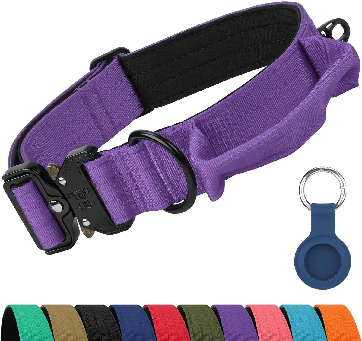 Joytale Tactical Dog Collar with Control Handle, Airtag Holder, Purple, L