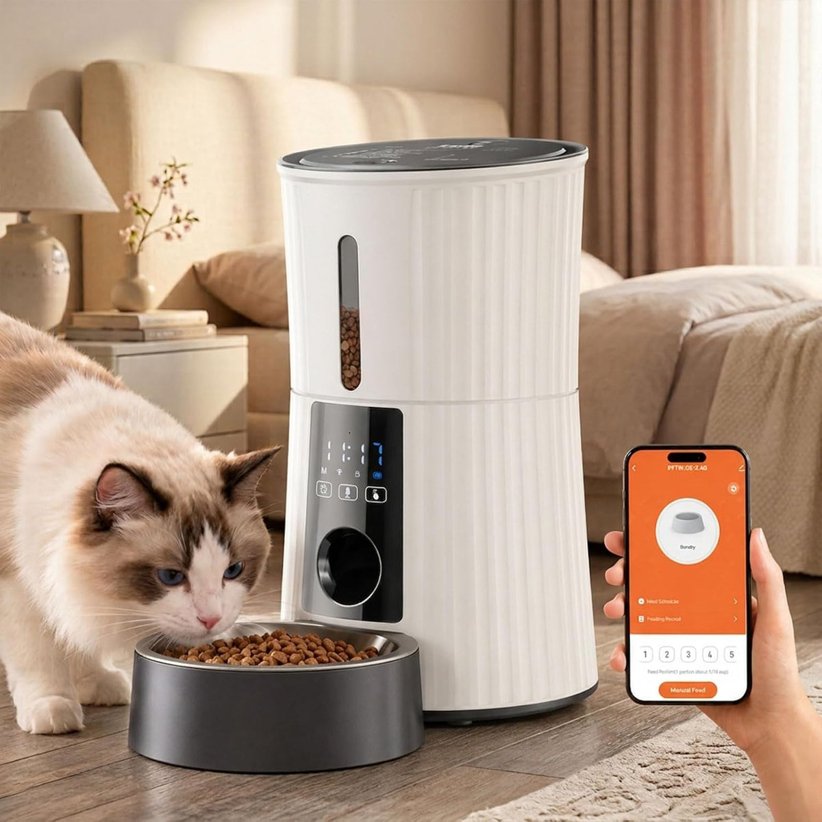 Sweetcrispy Automatic Cat Feeder, 4L Cat Food Dispenser with APP - White