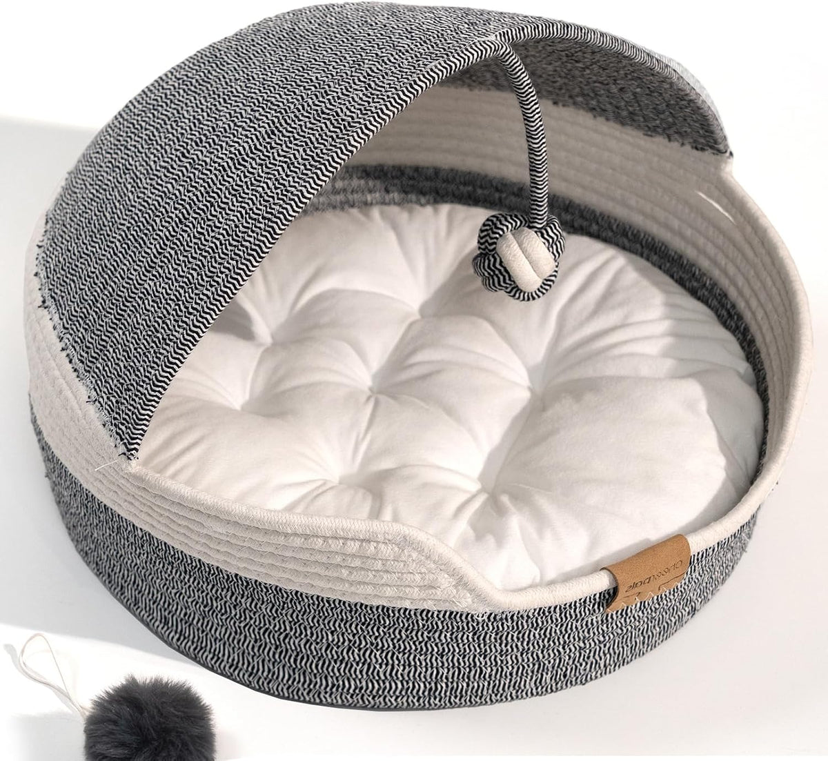 CHEERPALS Cat Basket Bed with Washable Cushion and Ball Rope Cotton, Covered Pet Bed for Indoor Cats Cave Bed Hooded, Stimulicat Cat Bed Handwoven Breathable, All Season Universal(White)