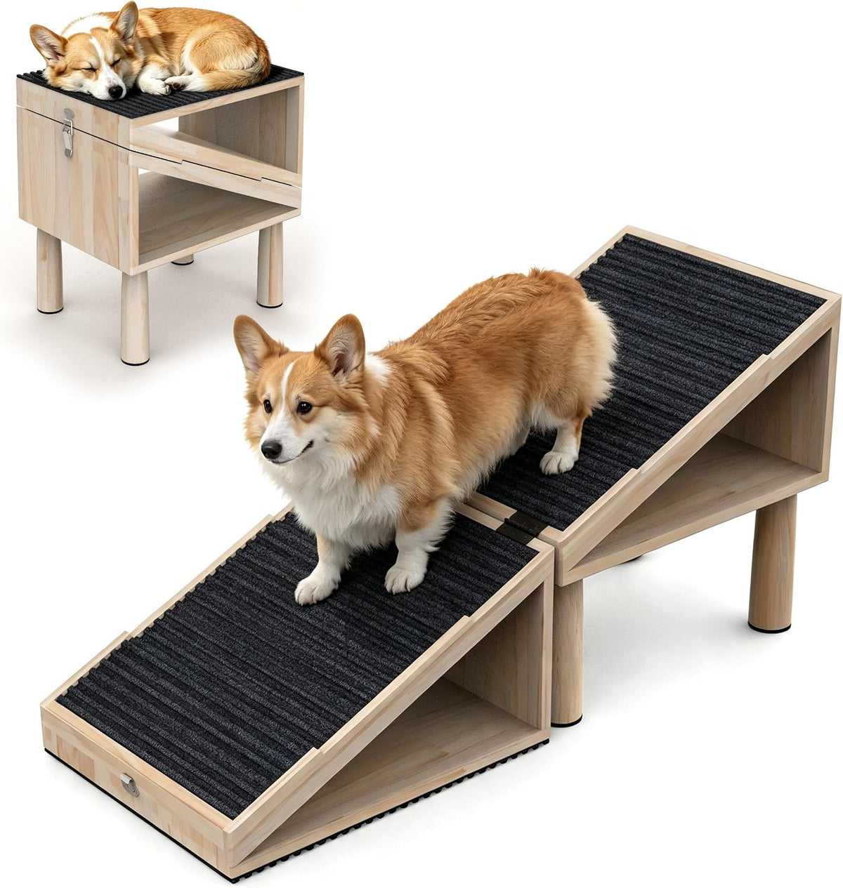 14.2" H Dog Stairs for Small Dogs, Dog Ramp for Bed and Couch, 2 in 1 Foldable Wooden No-Slip Fabric Surface Pet Stairs for Puppy Small Older and Injured Dogs