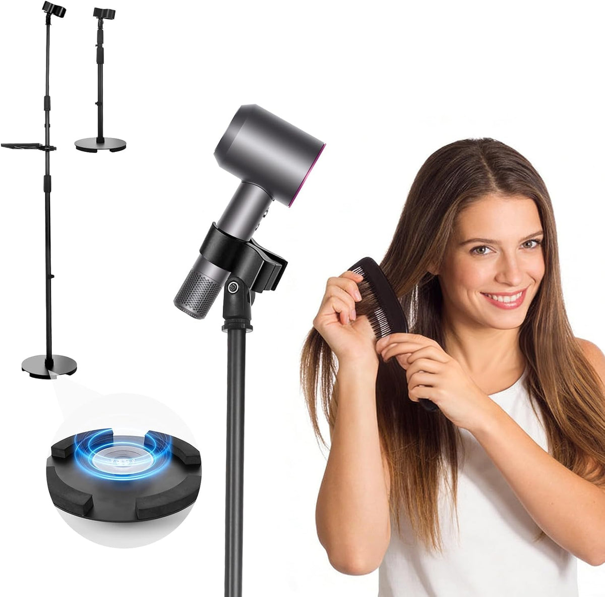 Hands-Free Hair Dryer Stand Holder with Strong Suction Base-63In/160Cm Height Adjustable Floor Blower Stand Holder, 180 Degrees Rotatable Larger Clamp Countertop Blow Dryer Stand for Salons or Home Use