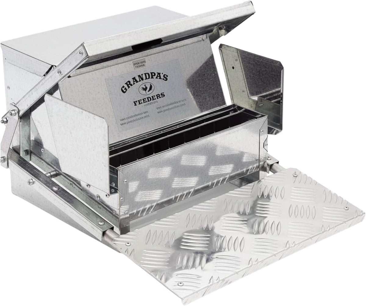 Grandpas Feeders Automatic Chicken Feeder - 20 Lbs No Waste Poultry Feeder, Rat Proof & Rodent Proof Treadle Chicken Feeder, Galvanized Steel with Lid, Feeds 6 Chickens up to 10 Days