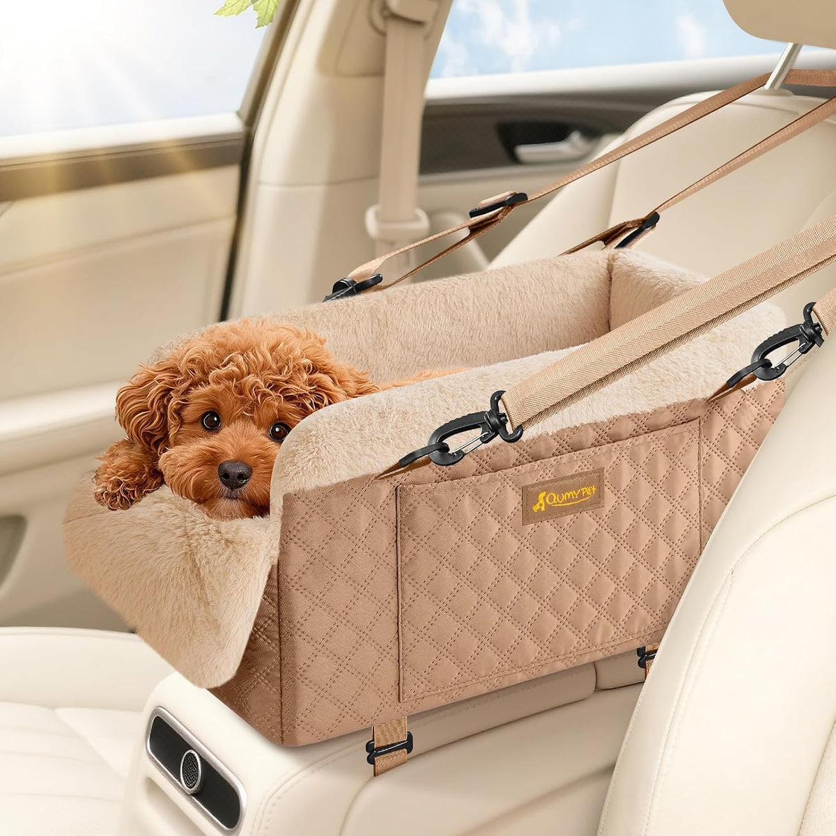 QUMY Middle Center Console Dog Car Seats for Small Dogs up to 11Lbs, Khaki