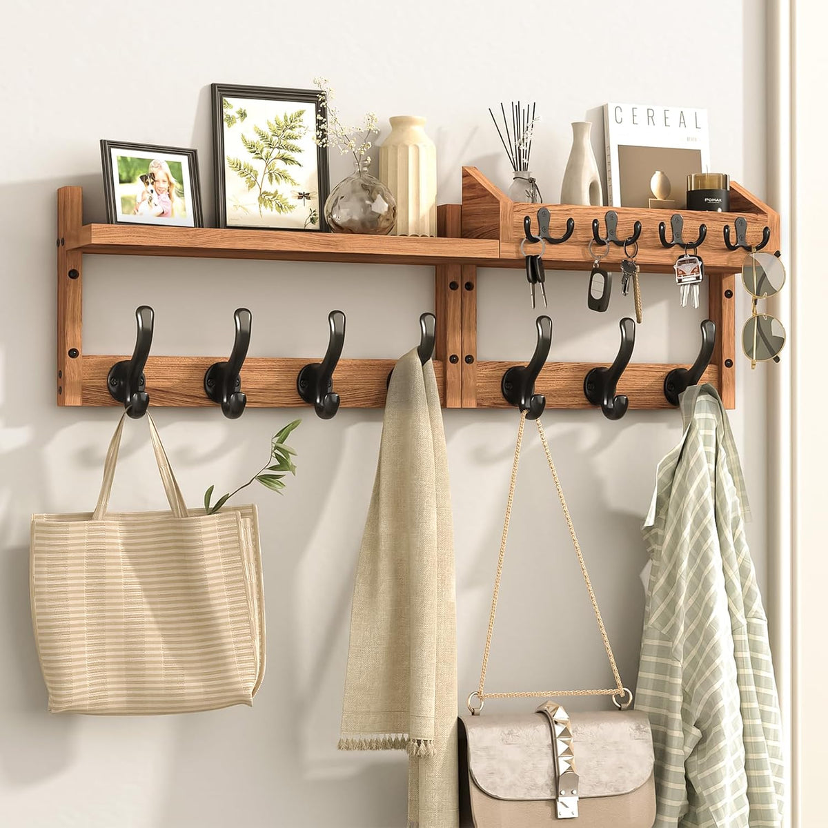 Evermagin 29" Coat Rack Wall Mount with Shelf & 11 Hooks, Entryway, Brown