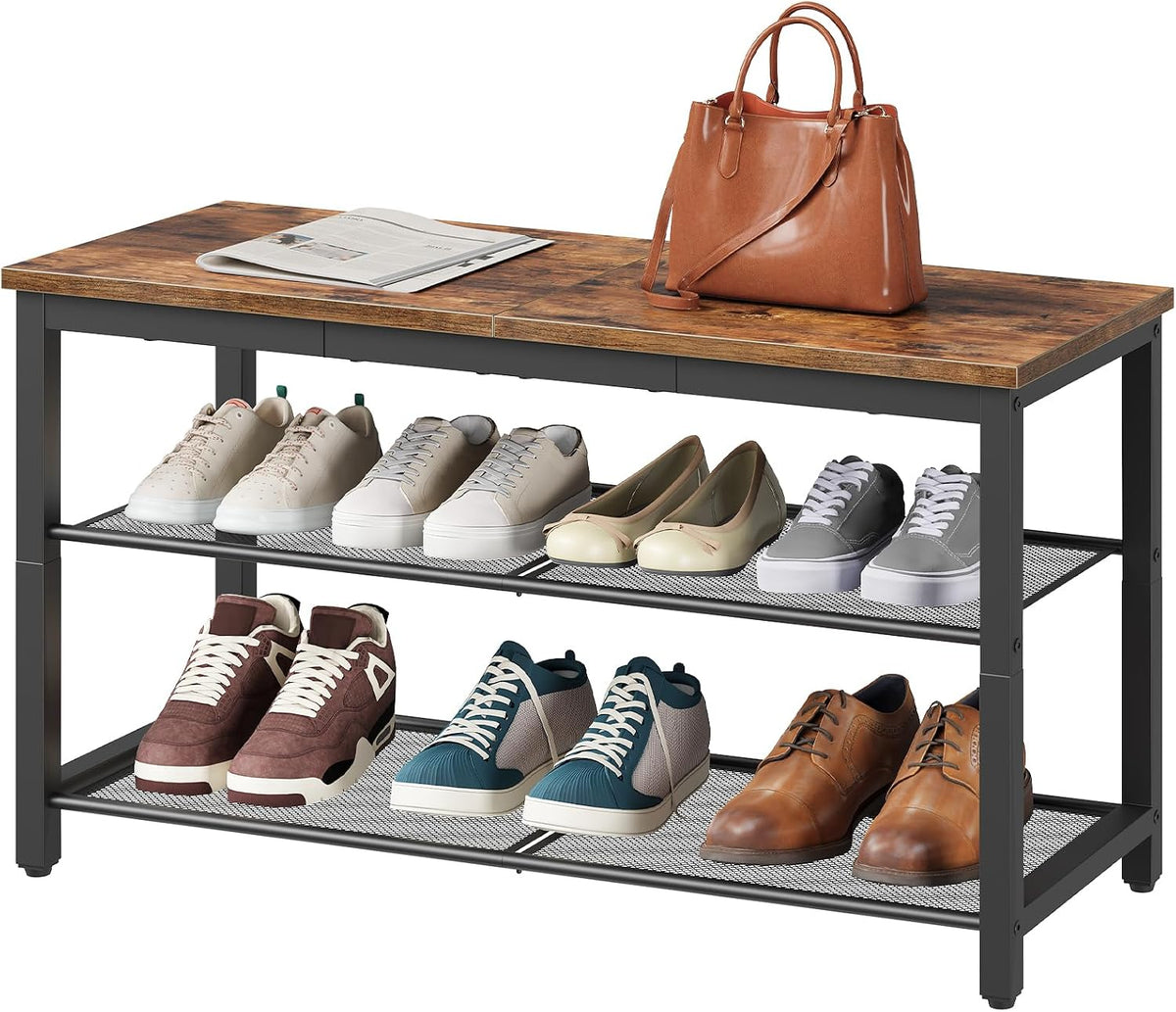 HOOBRO Shoe Bench, 3-Tier Shoe Rack, Industrial Shoe Organizer Storage Bench, 29.5 Inches Entry Bench with Mesh Shelves, for Entryway, Living Room, Hallway, Easy Assembly, Rustic Brown BF75HX01