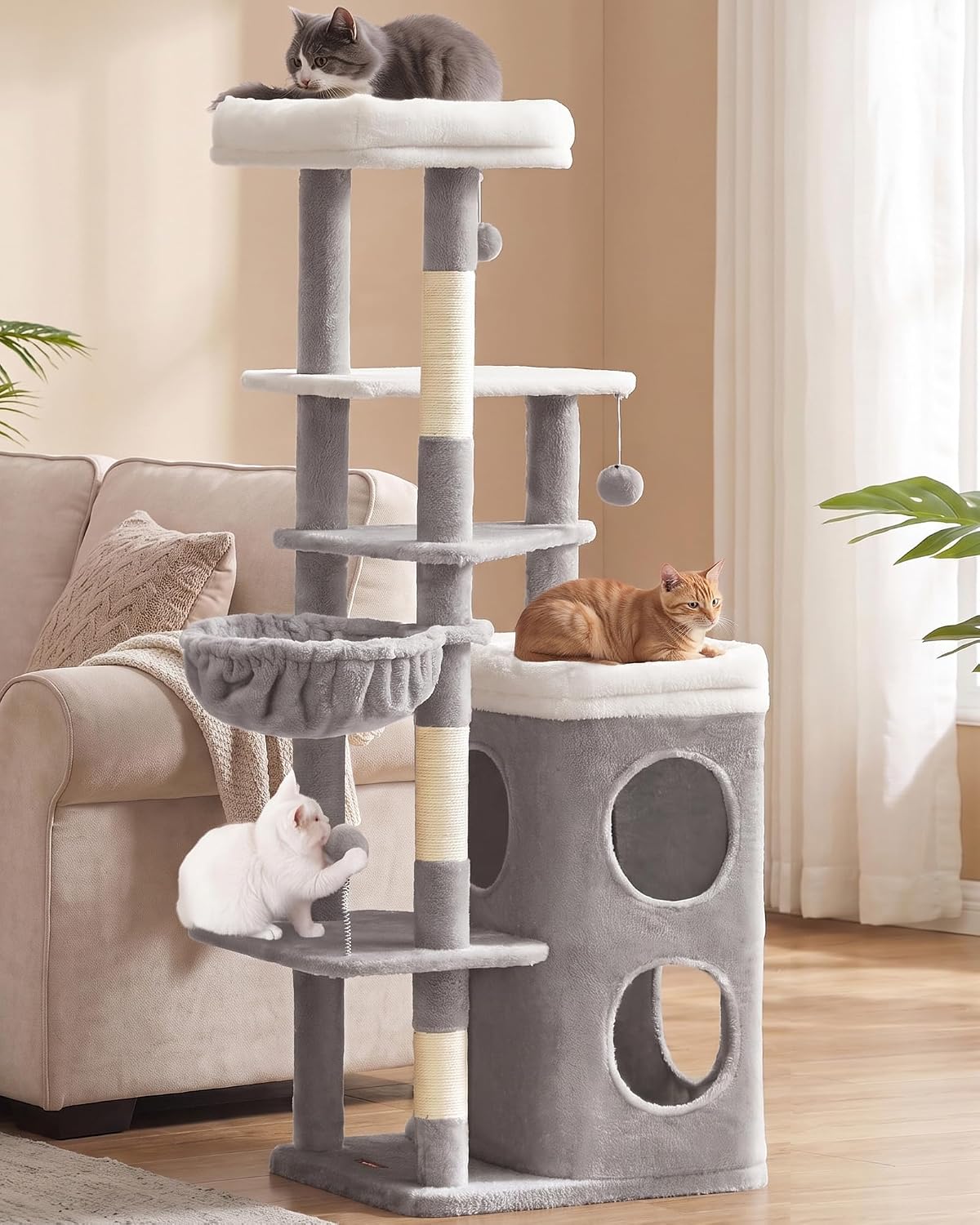 Feandrea Cat Tree Indoor, 60" Multiple-Level Plush Cat Tower, Dove Gray