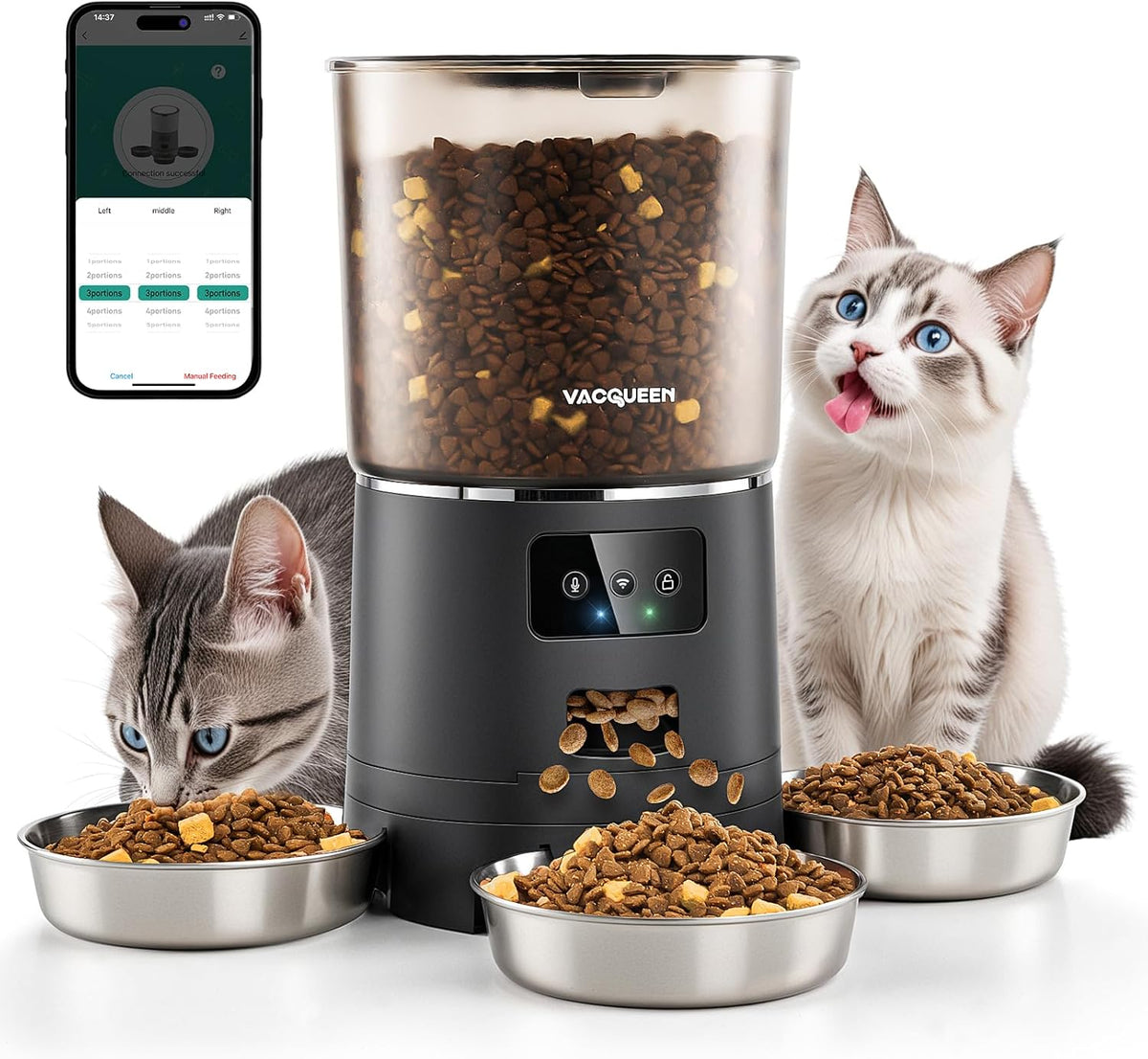 Automatic Cat Feeder for 3 Cats, 6L/25 Cups Smart Wifi Pet Feeder, Strong Anti-Jam System, Dual-Effect Desiccant Cat Food Dispenser, with 10S Voice Recorder for Cats and Small Dog(Black)
