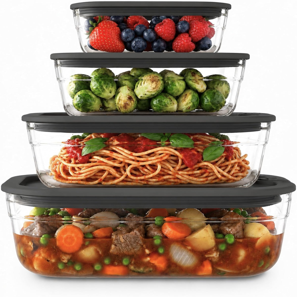 Naked Kitchen 8-Piece Food Storage Containers with Lids – Nesting Borosilicate Glass Meal Prep Containers with Leak-Proof Airtight Seal – BPA Free, Microwave, Oven, Freezer & Dishwasher Safe – Black