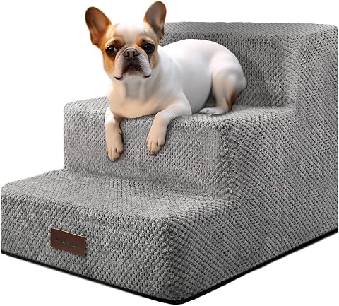 3-Step Dog Stairs for Small Dogs, Folding Dog Steps for Bed, Grey